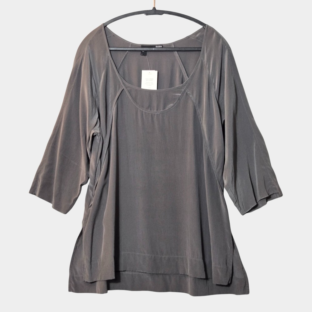 Eileen Fisher Silk Crepe de Chine Round Neck Easy Top Gray L Quiet Luxury NWT
